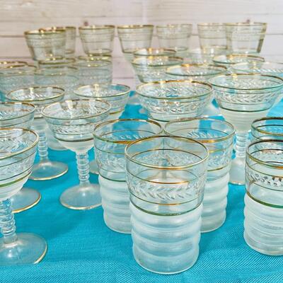 Lot 25  Art Deco Glasses Frosted Gold Rim 32 Pieces Assorted Sizes Stems and Tumblers