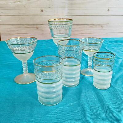 Lot 25  Art Deco Glasses Frosted Gold Rim 32 Pieces Assorted Sizes Stems and Tumblers