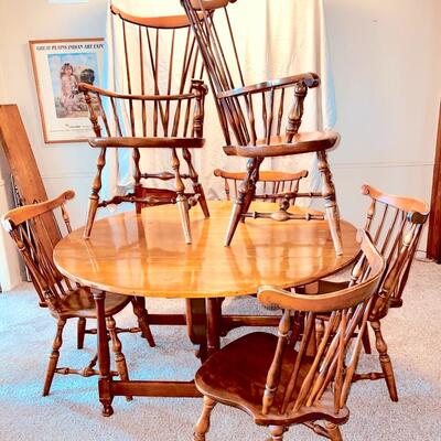 Lot 29   Vintage S. Bent Brothers Colonial Maple Drop Leaf Gate Leg Table & 6 Windsor Chairs