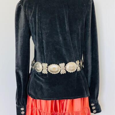 Lot 34  Vintage Navajo Traditional Velvet Shirt & Tiered Satin Skirt Ladies Medium German Silver Concho Belt