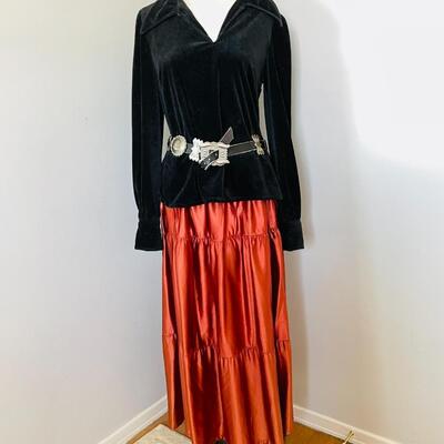 Lot 34  Vintage Navajo Traditional Velvet Shirt & Tiered Satin Skirt Ladies Medium German Silver Concho Belt