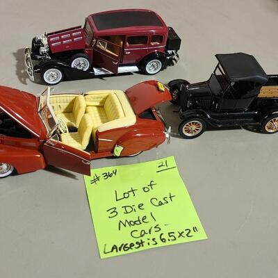 Lot of 3 Die-cast Model Cars -Item #364 Largest  2"T x 6Â½"L