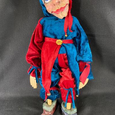 Red & Blue Court Jester Wood String Puppet Marionette