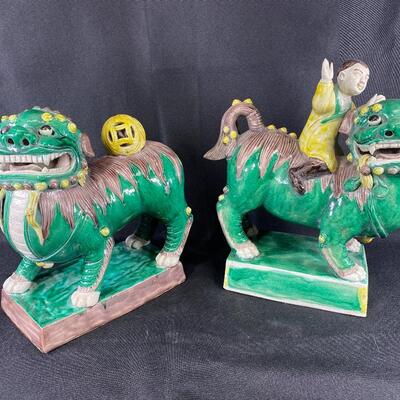 Green & Yellow Foo Dog Lion Dragon Figurine Statue Bookends