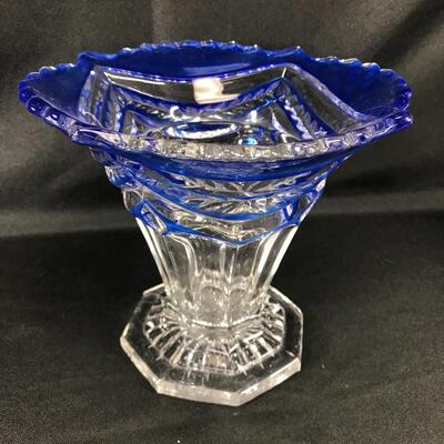 Cobalt Blue to Clear Etched Fluted Vase 