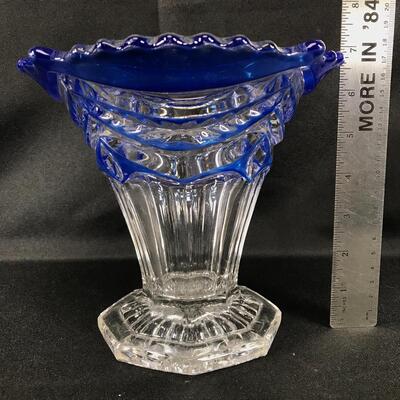 Cobalt Blue to Clear Etched Fluted Vase 