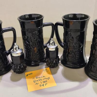4 Black Glass Mugs and Shakers -Item #400