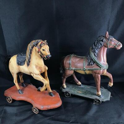 Set of 2 Large Rustic Pull Along Ride On Horse Replicas