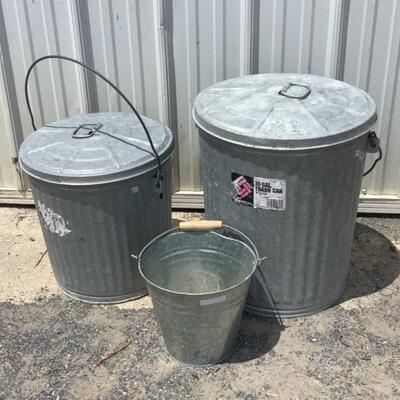 O2240 Two Galvanized Steel Trash Cans and Pail
