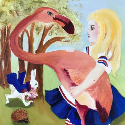 23â€œ x 19â€œ Alice in Wonderland Girl w. Flamingo Rabbit & Porcupine Painting
