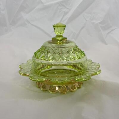-2- ANTIQUE | Vibrant Chartreuse Covered Butter Dish | Issues