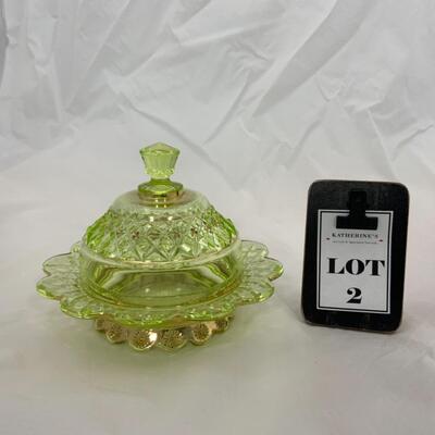 -2- ANTIQUE | Vibrant Chartreuse Covered Butter Dish | Issues