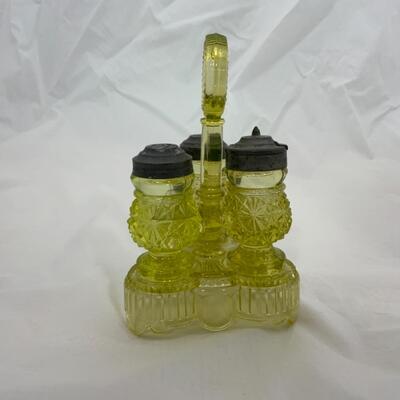 -3- ANTIQUE | Vibrant Chartreuse Condiment Set | Pressed Glass