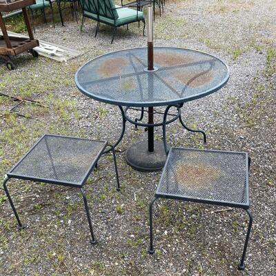 O2249 Round Metal Outdoor Table with Umbrella Stand and Two End Tables 