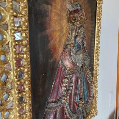 Item 1. RARE Tabladilla  Virgin of GuÃ¡pulo, painted carved relief in wood, Madonna and child.  Circa 1700. 