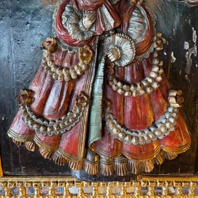 Item 2. RARE Tabladilla  Virgin of GuÃ¡pulo, with angels, painted carved relief in wood, Madonna and child. Circa 1700.