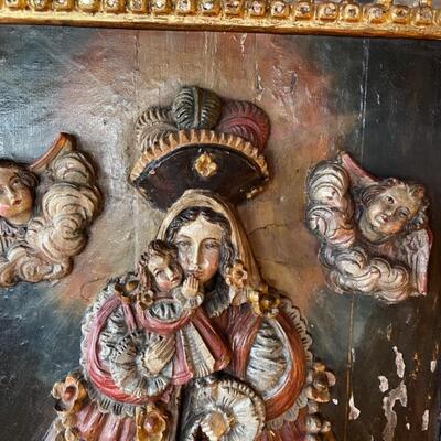 Item 2. RARE Tabladilla  Virgin of GuÃ¡pulo, with angels, painted carved relief in wood, Madonna and child. Circa 1700.