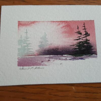 Triptych Watercolor of Pink Winter Scene by David P. Atkins