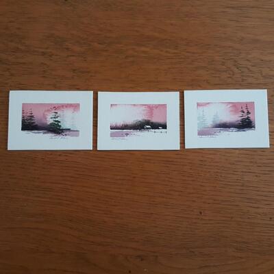 Triptych Watercolor of Pink Winter Scene by David P. Atkins