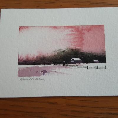 Triptych Watercolor of Pink Winter Scene by David P. Atkins