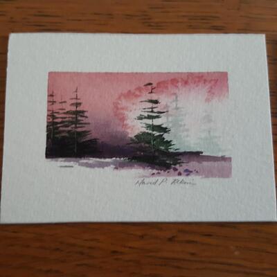 Triptych Watercolor of Pink Winter Scene by David P. Atkins