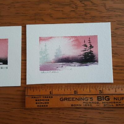 Triptych Watercolor of Pink Winter Scene by David P. Atkins
