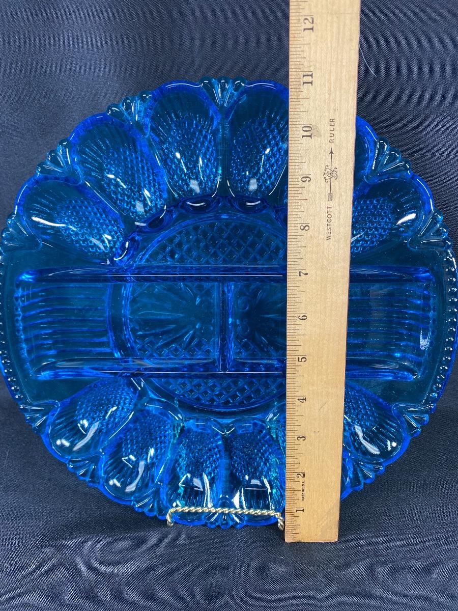 Vintage Pressed Glass Bright Blue Deviled Egg Appetizer Plate Platter