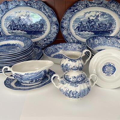 Lot 160: Liberty Blue Serving Pieces:  Platters, Vegetable, Sugar & Creamer and More