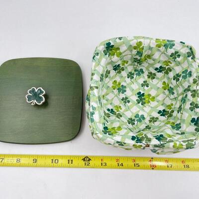 LONGABERGER 2006 â€œLUCKY TWISTâ€ BASKET W/ LID & CLOVER DISH