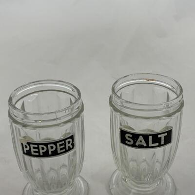 -65- VINTAGE | Clear Glass Footed | Salt and Pepper | Red Lids
