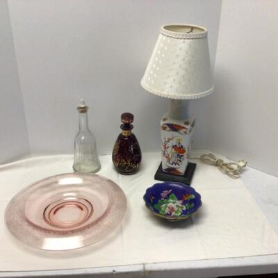 C461-Depression Glass Serving Tray, Cloisonné bowl, Asian Porcelain lamp, amethyst glass decanter