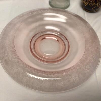 C461-Depression Glass Serving Tray, Cloisonné bowl, Asian Porcelain lamp, amethyst glass decanter