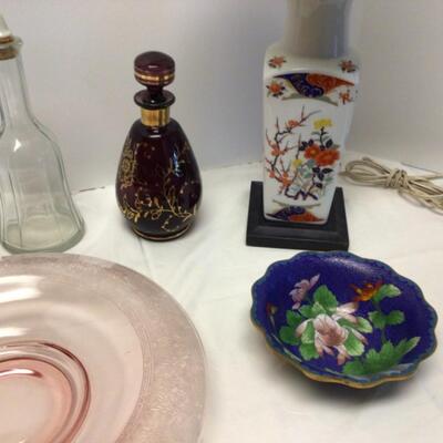 C461-Depression Glass Serving Tray, Cloisonné bowl, Asian Porcelain lamp, amethyst glass decanter