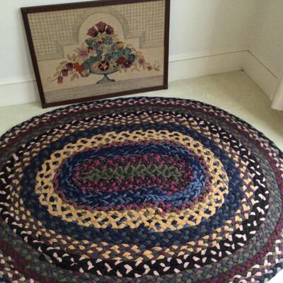 B482 Antique Braided Rug and Crewel Art 