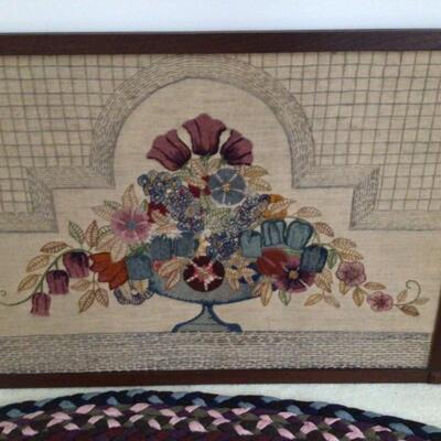 B482 Antique Braided Rug and Crewel Art 