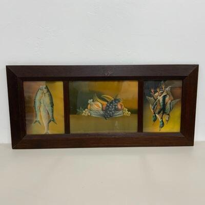 -99- VINTAGE | Three Scene Still Life Framed Art | Fish | Ducks | Fruit