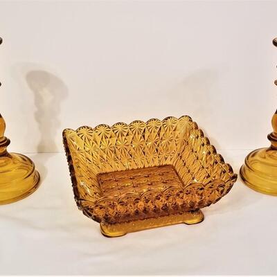 Lot #1  Vintage Amber Glass Trio - Bowl/2 candlesticks
