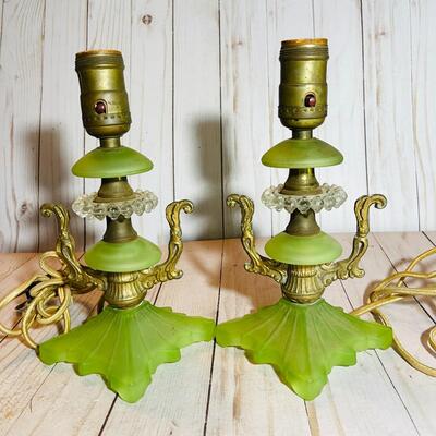 Lot 65  Antique Pair of Green Satin Glass Boudoir Lamps 