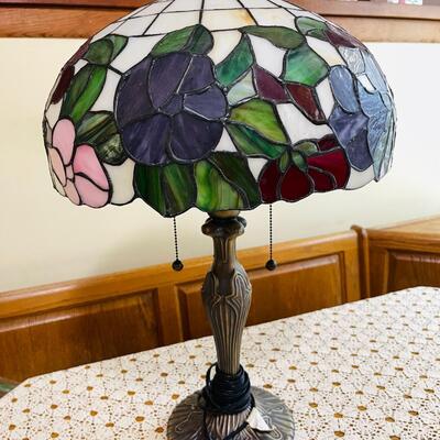 Lot 66  Tiffany Style Reproduction Table Lamp Leaded Glass Shade Metal Base