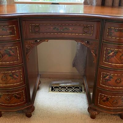 Antique kidney shaped Secretary desk with original painted design and braid detailing 
