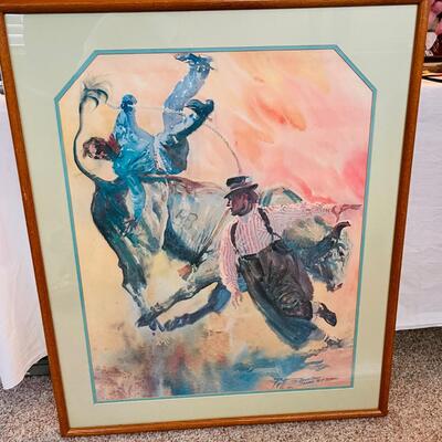 Lot 78  Listed Western Artist Donald PUTT Putman Lithograph Bucking Bull Rodeo Clown 