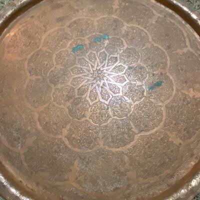 Vintage Solid Copper etched table top~Middle East~ 27" w/ folding tray legs1900s