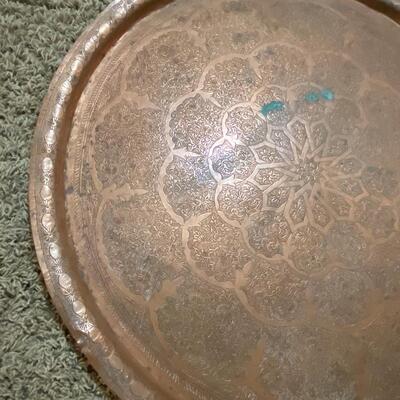 Vintage Solid Copper etched table top~Middle East~ 27" w/ folding tray legs1900s