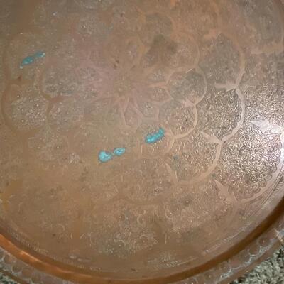 Vintage Solid Copper etched table top~Middle East~ 27" w/ folding tray legs1900s