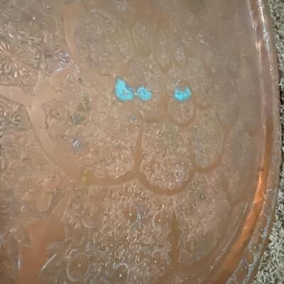 Vintage Solid Copper etched table top~Middle East~ 27" w/ folding tray legs1900s