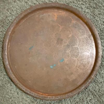 Vintage Solid Copper etched table top~Middle East~ 27" w/ folding tray legs1900s