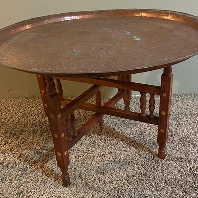 Vintage Solid Copper etched table top~Middle East~ 27" w/ folding tray legs1900s