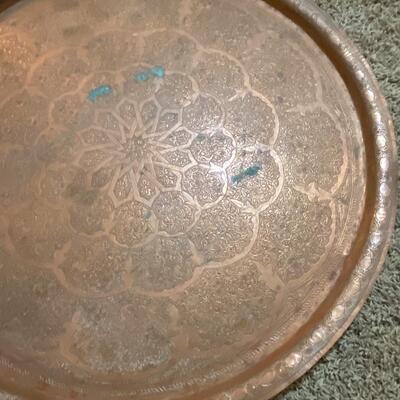 Vintage Solid Copper etched table top~Middle East~ 27" w/ folding tray legs1900s