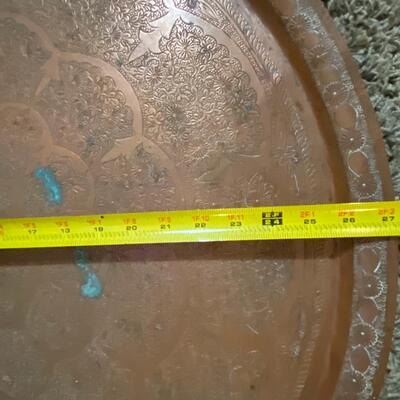 Vintage Solid Copper etched table top~Middle East~ 27" w/ folding tray legs1900s