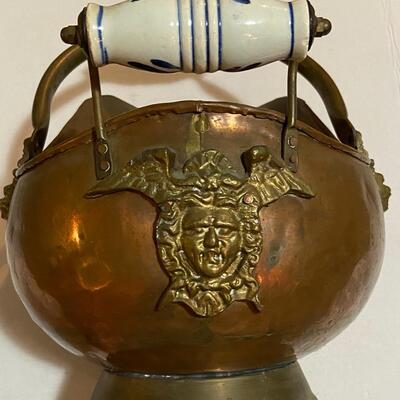 Antique Copper Coal Scuttle Hod Ceramic Handle Brass Lions Head